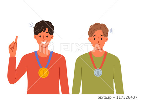 Winner and loser with medals for first and second place around necks experience different emotions 117326437