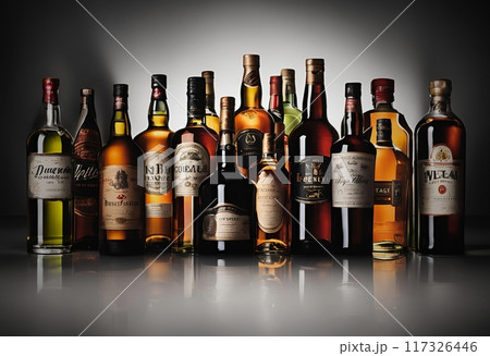 並べられた架空の銘柄の洋酒ボトル 117326446