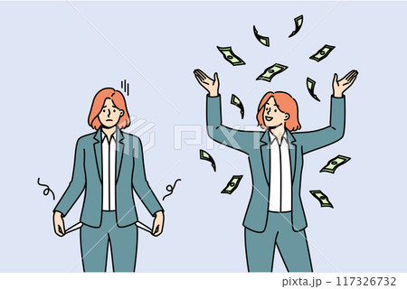 Financial progress of poor business woman who has increased income and throws money up Financial progress of poor business woman who has increased income and throws money up 117326732