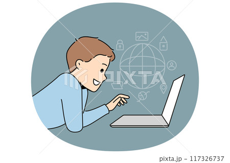 Child browsing internet on laptop 117326737