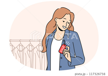 Smiling woman buying jacket on sale 117326738