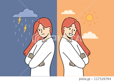 Emotional swing of woman who feels angry during rain and rejoices after sun comes out 117326764