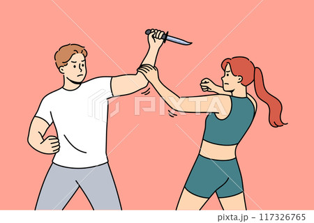 Woman fights off attacker with knife, demonstrating self-defense skills and knowledge martial arts Woman fights off attacker with knife, demonstrating self-defense skills and knowledge martial arts 117326765