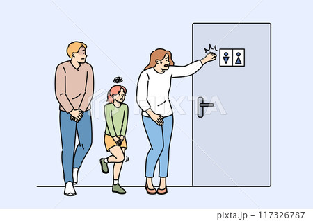 Line to toilet from family who had eaten expired food, standing near door to restroom Line to toilet from family who had eaten expired food, standing near door to restroom 117326787
