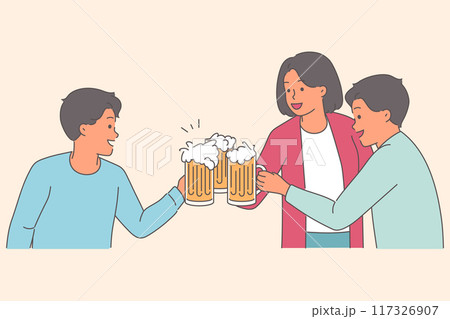 Beer party with group of friends holding mugs of foamy drink while visiting bar or tavern 117326907