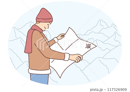 Male traveler with map in mountains 117326909
