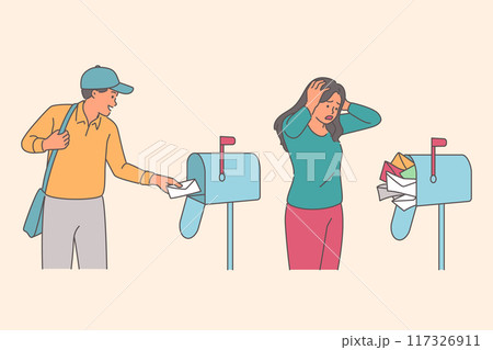 Puzzled woman looking at overflowing spam mailbox, standing near cheerful postman Puzzled woman looking at overflowing spam mailbox, standing near cheerful postman 117326911