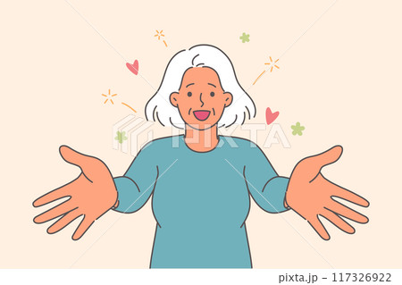 Older woman shows kindness and wants to hug or kiss you, extending arms towards screen Older woman shows kindness and wants to hug or kiss you, extending arms towards screen 117326922