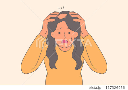 Ringworm on head of woman, puzzled by new disease that has ruined hair, stands with tears in eyes 117326936