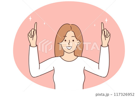 Smiling woman point up at good deal 117326952
