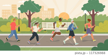 People of different age running in park during morning time 117326988