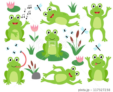 Set of cute frogs. Children Hand drawn vector flat illustration. Summer clip art collection. 117327238