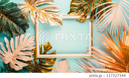 Golden and Green Tropical Leaves Frame on Aqua Background 117327344