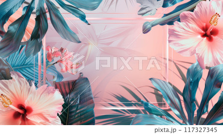Tropical Leaves and Pink Flowers Frame on Pink Background 117327345