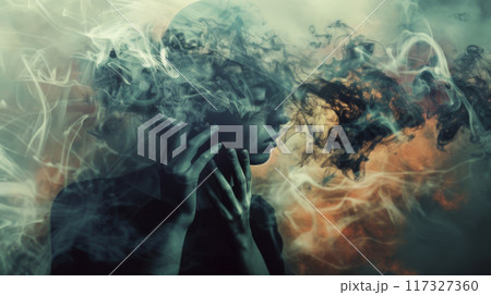Young woman overwhelmed by stress, conceptual explosion. 117327360