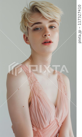 Young Transgender Teen in Elegant Pink Dress 117327410
