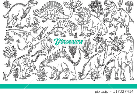 Dinosaurs walk or fly in sky, displaying large teeth and readiness to fight. Hand drawn doodle 117327414