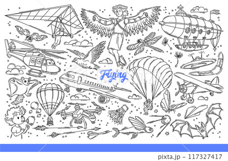 Flying background with airplanes and helicopter or hang glider moving in sky. Hand drawn doodle Flying background with airplanes and helicopter or hang glider moving in sky. Hand drawn doodle 117327417