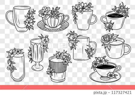 Cups and mugs for hot drinks and delicious tea or coffee during break. Hand drawn Cups and mugs for hot drinks and delicious tea or coffee during break. Hand drawn 117327421