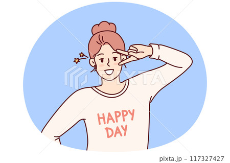Happy woman waving hand demonstrating letter V with fingers and looking at camera wishing happy day Happy woman waving hand demonstrating letter V with fingers and looking at camera wishing happy day 117327427
