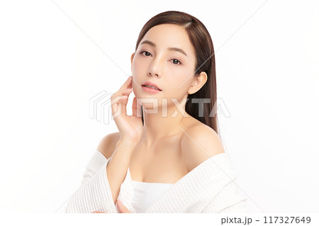 Beautiful young asian woman with clean fresh skin on white background, Face care, Facial treatment, Cosmetology, beauty and spa, Asian women portrait. 117327649