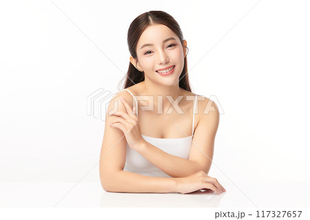 Beautiful young asian woman with clean fresh skin on white background, Face care, Facial treatment, Cosmetology, beauty and spa, Asian women portrait. Beautiful young asian woman with clean fresh skin on white background, Face care, Facial treatment, Cosmetology, beauty and spa, Asian women portrait. 117327657