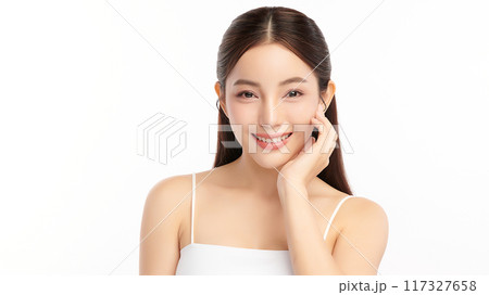 Beautiful young asian woman with clean fresh skin on white background, Face care, Facial treatment, Cosmetology, beauty and spa, Asian women portrait. Beautiful young asian woman with clean fresh skin on white background, Face care, Facial treatment, Cosmetology, beauty and spa, Asian women portrait. 117327658