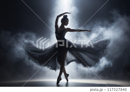 Young graceful ballerina dancing ballet in smoke on dark stage Young graceful ballerina dancing ballet in smoke on dark stage 117327840