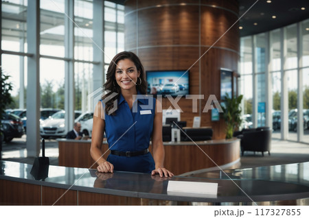 Car dealership saleswoman smiling and leaning on desk in showroom 117327855