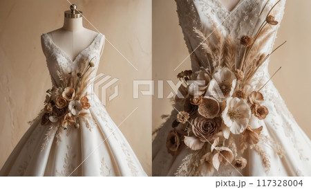 Elegant white lace wedding dress with boho style bouquet decorated with dried flowers and grasses 117328004