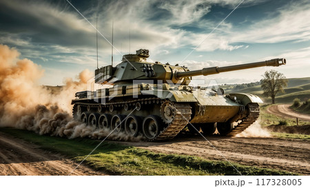 Heavy military tank driving on battlefield leaving a trail of dust 117328005