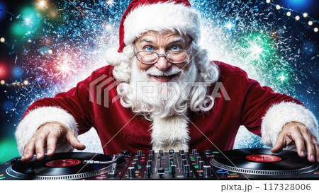 Santa claus dj mixing music for Christmas party banner with copy space 117328006