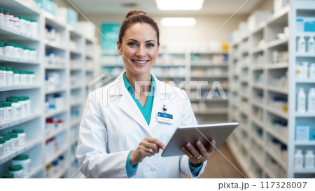 Pharmacist smiling and using digital tablet in pharmacy with copy space 117328007
