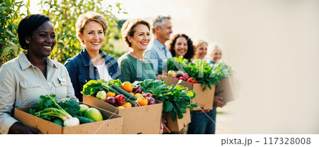 Diverse group of farmers is holding boxes of fresh produce, promoting healthy lifestyle and local agriculture with copy space 117328008