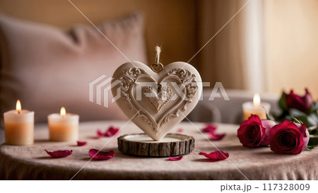 Romantic atmosphere with heart decoration and candles for Valentine's day banner 117328009