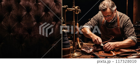 Shoemaker working with leather creating luxury handmade shoes with copy space banner 117328010