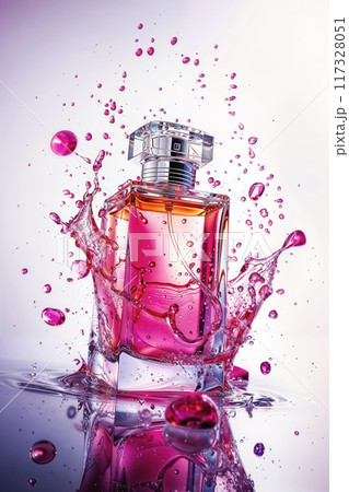 Pink perfume bottle splashing in water with reflection Pink perfume bottle splashing in water with reflection 117328051