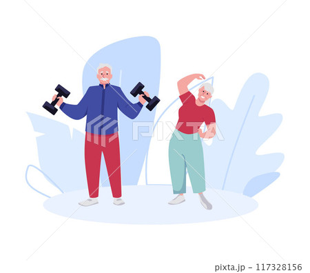 illustrative illustration of elderly characters doing exercises with and without dumbbells on a white background 117328156