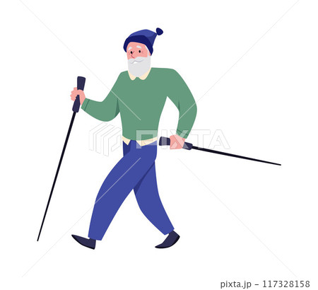 Senior man practicing Nordic walking with a pole, vector cartoon active elderly grandfather sport training isolated Senior man practicing Nordic walking with a pole, vector cartoon active elderly grandfather sport training isolated 117328158
