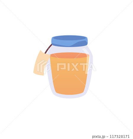 Honey glass jar food vector icon, natural sweets in pot with cloth blue cap and rope with tag, healthy organic dessert Honey glass jar food vector icon, natural sweets in pot with cloth blue cap and rope with tag, healthy organic dessert 117328171
