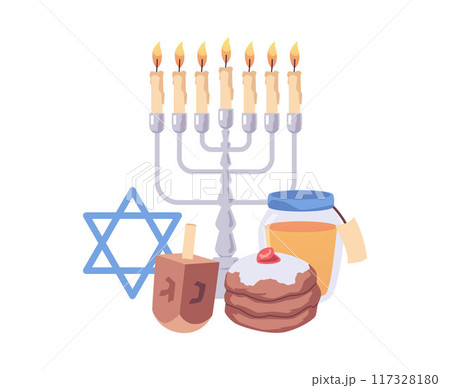 Vector illustration featuring a six-point star, a candlestick, donuts and traditional gifts 117328180