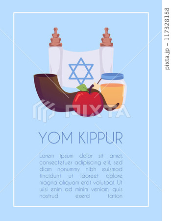 Yom Kippur greeting card with scroll with David star, apple, honey and horn, Day of Atonement in Judaism vector poster Yom Kippur greeting card with scroll with David star, apple, honey and horn, Day of Atonement in Judaism vector poster 117328188