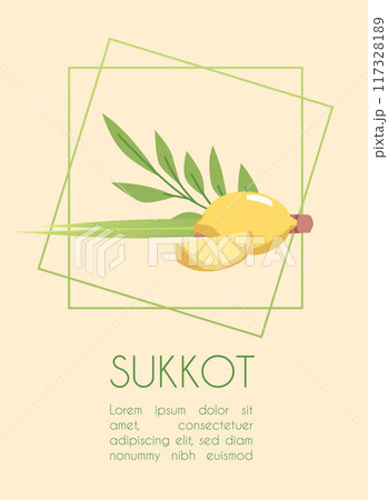 Happy Sukkot greeting card with Etrog citron, lulav palm branch, hadas myrtle, arava willow,Jewish holiday vector poster 117328189