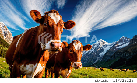 Two brown and white cows grazing with snowy mountain background 117328225