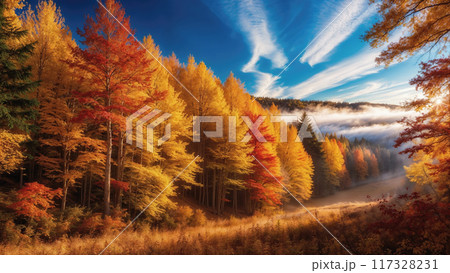 Beautiful fall colors in a misty forest with warm sunlight shining through the trees 117328231
