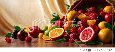 Abundance of colorful fruits spilling from a wicker cornucopia on wooden table 117328232