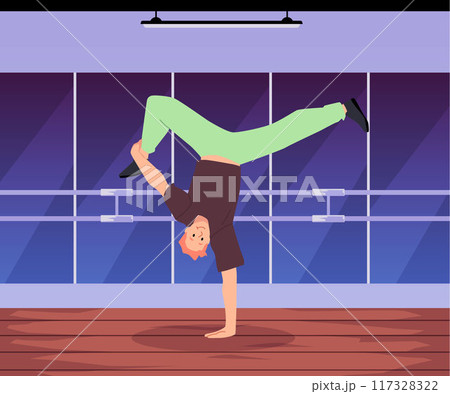 Break dancer boy showing dynamic pose stands on one hand, vector cartoon hip hop dance performance in gym Break dancer boy showing dynamic pose stands on one hand, vector cartoon hip hop dance performance in gym 117328322