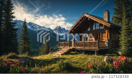 Luxurious wooden cabin nestled in a breathtaking mountain landscape 117328330