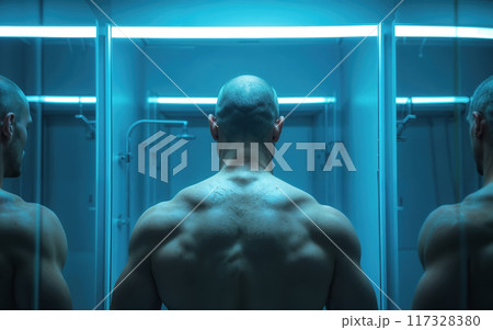 Muscular man looking at his back muscles in the mirror 117328380