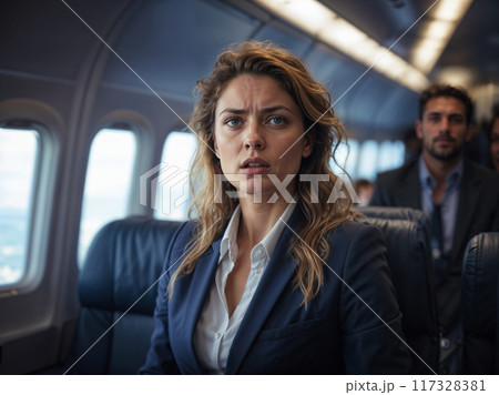 Businesswoman is experiencing fear and anxiety while encountering strong turbulence during a flight 117328381